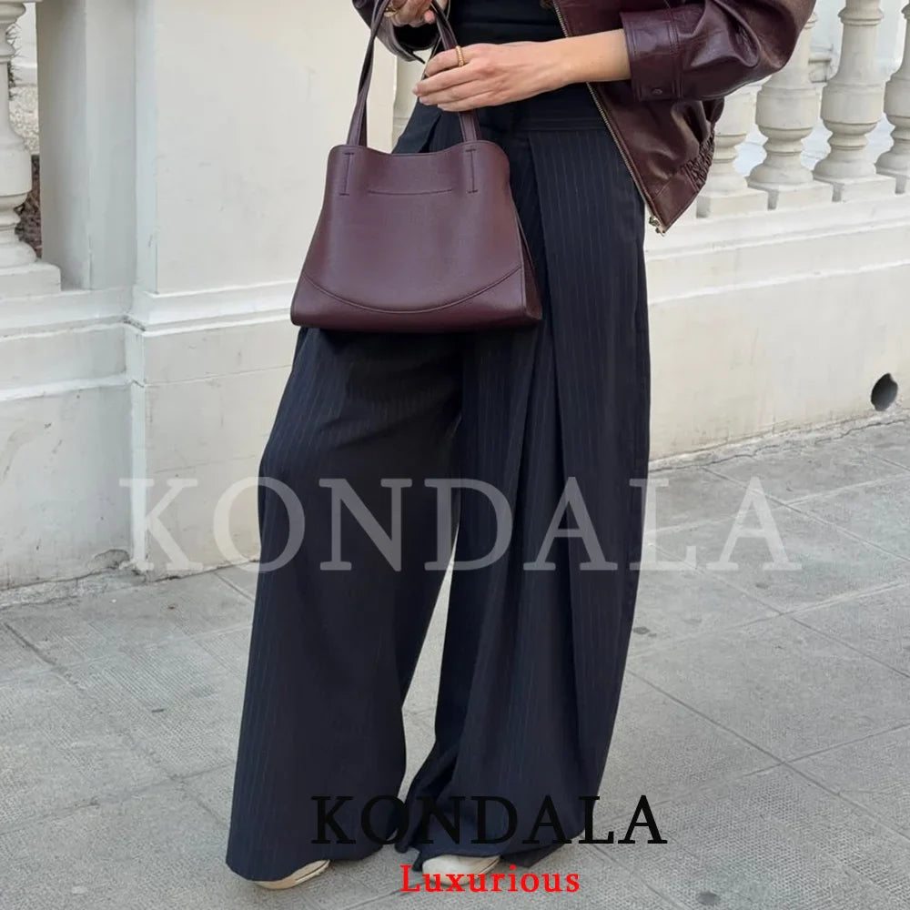 KONDALA Casual Chic Wide Leg Pants Women Office Lady Pockets Pleated Long Trousers Fashion 2026 Spring Summer Streetwear Pants