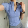 Women Summer Slim Yoga Tops Stand Collar Full Zipper Short Sleeves Shirts Solid Workout Clothes Gym Running Coats Lady Casual