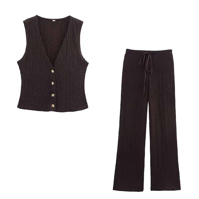 Willshela Women Fashion 2 Piece Set Solid Single Breasted Tank Tops & Vintage HIgh Elastic Waist Pants Female Chic Pants Suit