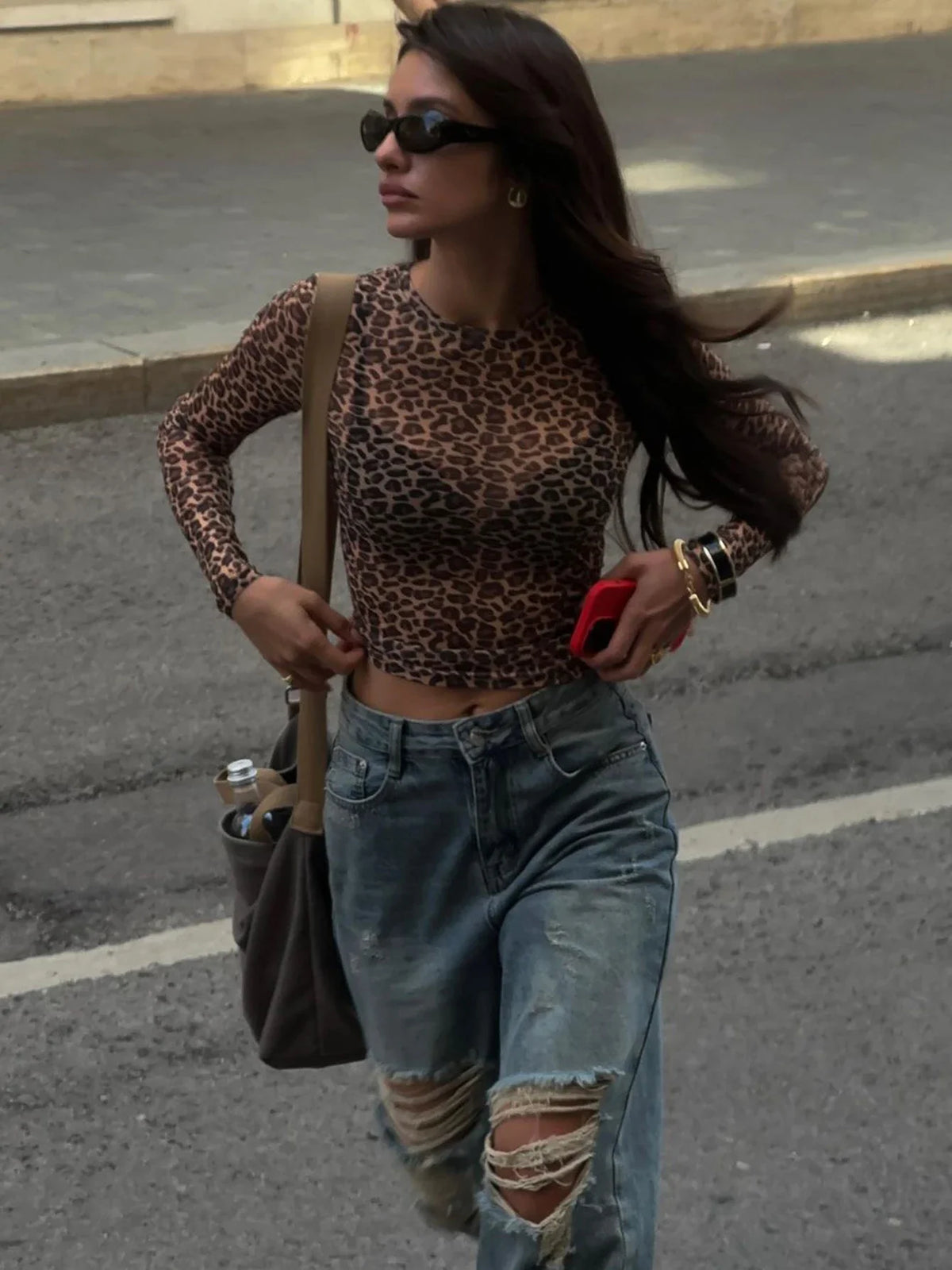 Dulzura Sexy Long Sleeves Tops Mesh T Shirt Leopard Printed Bodycon Women Clothes Lady Party Club Streetwear Casual Nightout Y2K