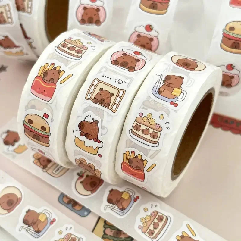 500Pcs Capybara Stickers Roll Waterproof PVC Self-Adhesive Decals Cute Animal & Food-Themed Perfect for Laptops Scrapbook Phones