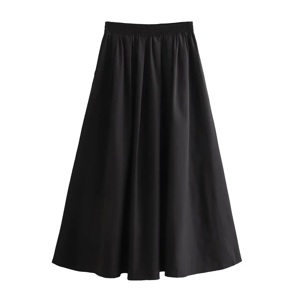 Mooyufon 2025 Women's temperament versatile loose and casual solid color high waisted skirt medium length A-line skirt