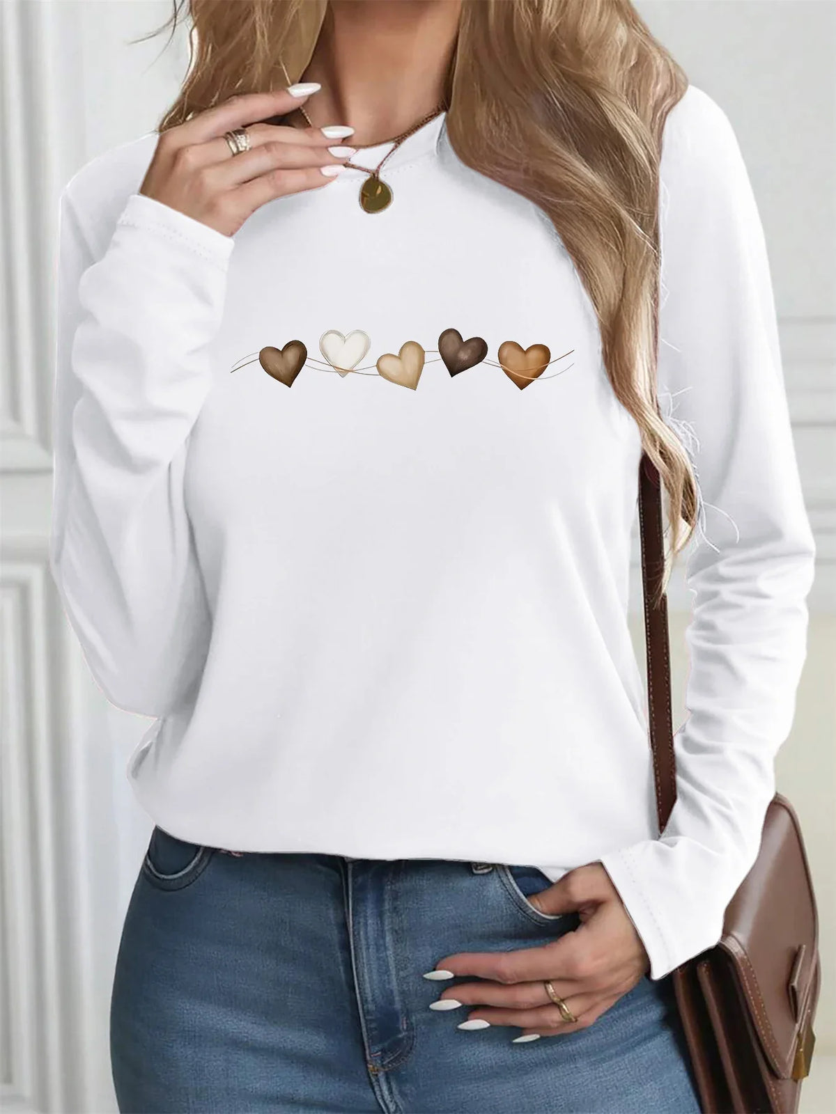 Women's autumn and winter 100% pure cotton fashionable casual heart-shaped printed round neck long sleeved T-shirt top