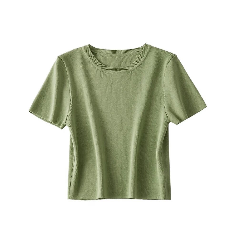 Women Fashion Striped Basic Cropped Knit Sweater Vintage O Neck Short Sleeve Female Pullovers Chic Tops
