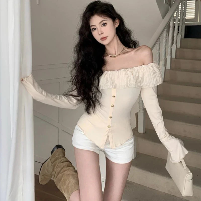 Slash Neck T-shirts for Women Off-shoulder Long Sleeve Tees Elegant French Style Feminine Sweet Ruffles Tops Chic Street Wear