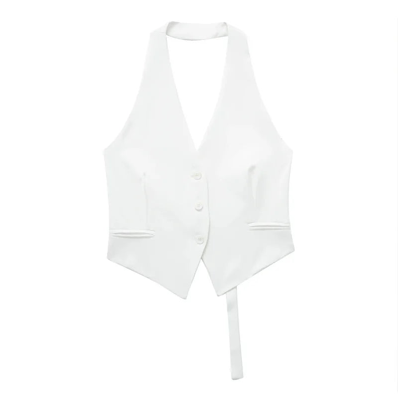 MUJER Off Shoulder Sleeveless Vest Women Black White Cropped Vest Woman Fashion Backless V Neck Short Coats Summer Waistcoat