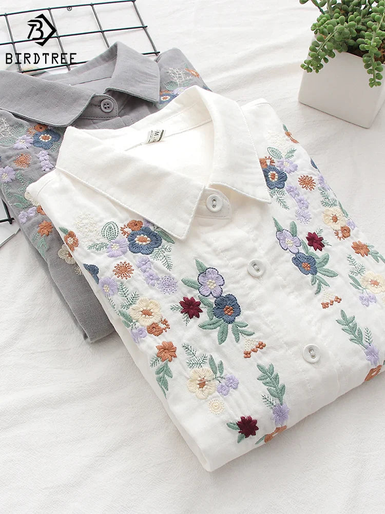 Spring Double 100% Cotton Yarn Shirts Women Turn-down Collar Loose Tops Girl Long Sleeve Embroidery Blouses 2024 Autumn T42909QM