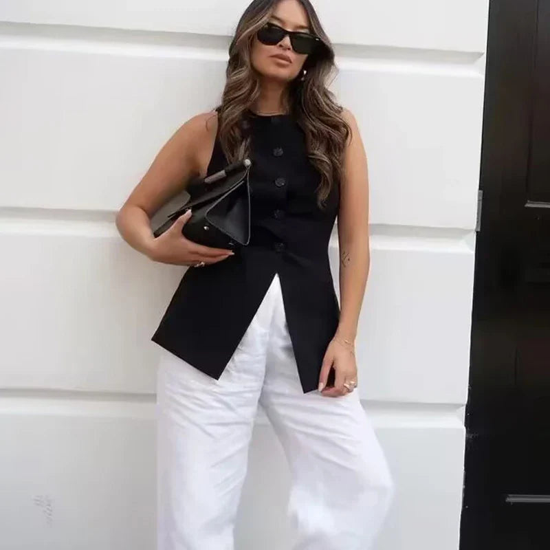 HXAO Woman Vest Outerwears Sleeveless Long Vests For Women Office Casual Women's Suit Vest Autumn Button Black White Vest