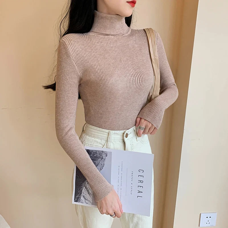 2026 Autumn Winter Women Long Sleeve Knitted Foldover Turtleneck Ribbed Pull Sweater Soft Warm Femme Jumper Pullover Clothes