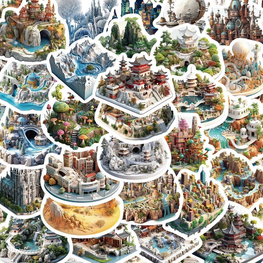 10/30/50pcs 3D World Aesthetic Building Graffiti Stickers Art Cartoon Decal Skateboard Laptop Car Phone Waterproof Sticker Toys