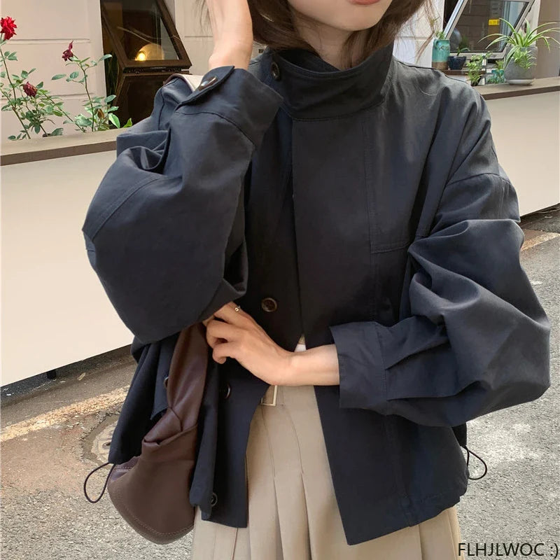 Korea Short Outerwear Woman Casual Loose Lazy Chic Long Sleeve Cotton Blends Windbreaker Coats Thin Thench