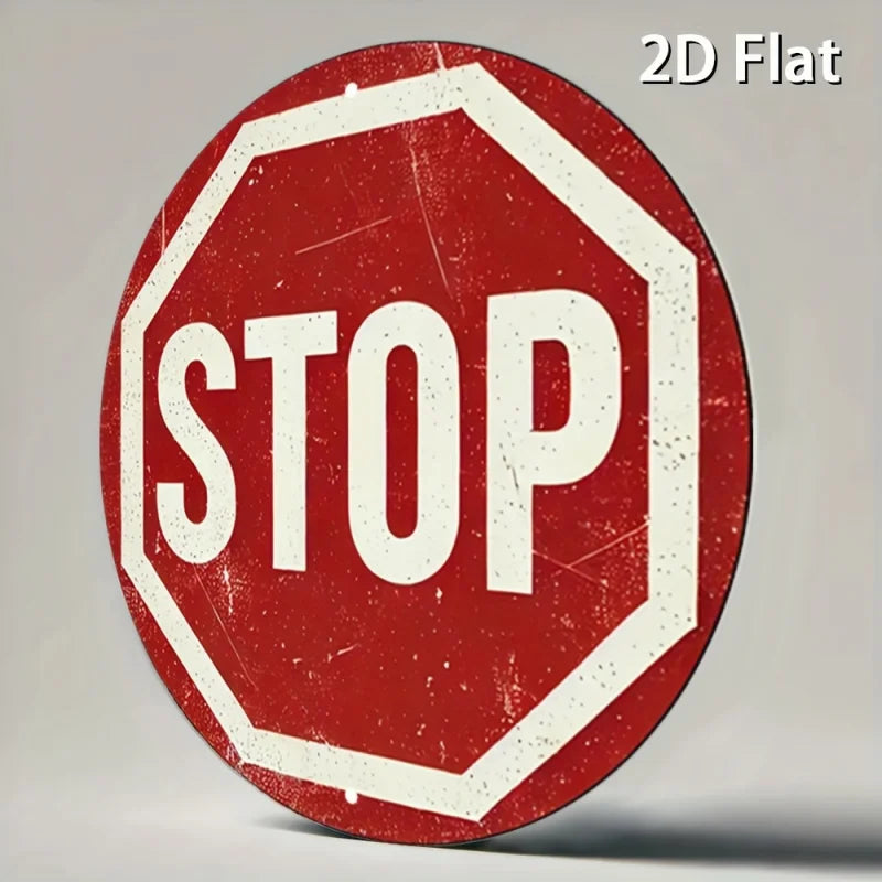 [2D Flat] Vintage Stop Sign Aluminum Wall Art -Round Retro Traffic Symbol Poster, Perfect for Bar, Cafe, Beach House