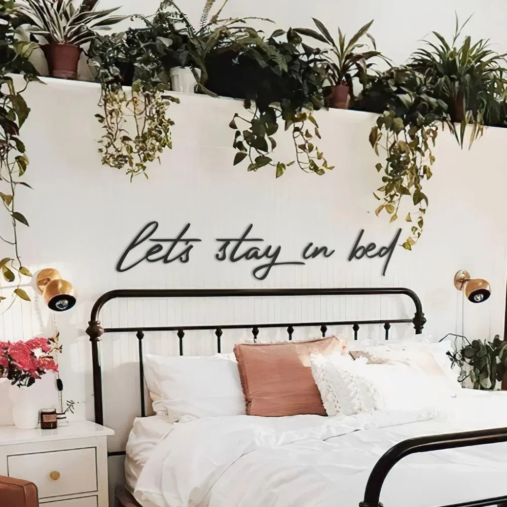 12x8 Inch "Let's Stay in Bed" Metal Wall Sign - Rustic Industrial Decor with Distressed Finish, Cozy Home Quote Art for Bedroom