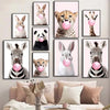 Cute Pink Panda Giraffe Bunny Cheetah Zebra Blowing Bubble Gum Poster Nursery Canvas Painting for Kids Room Animal Print Decor