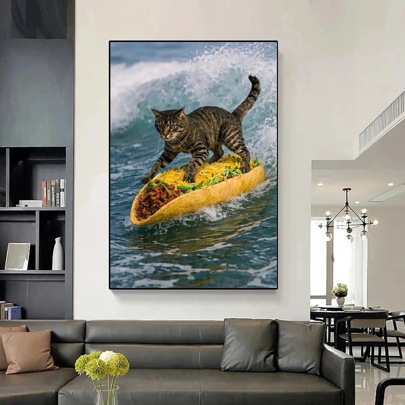Cute Kittens Various Scenes Poster Funny Baby Cat in Daisy Field Watching Sunset on Beach Sleeping Canvas Print for Home Decor