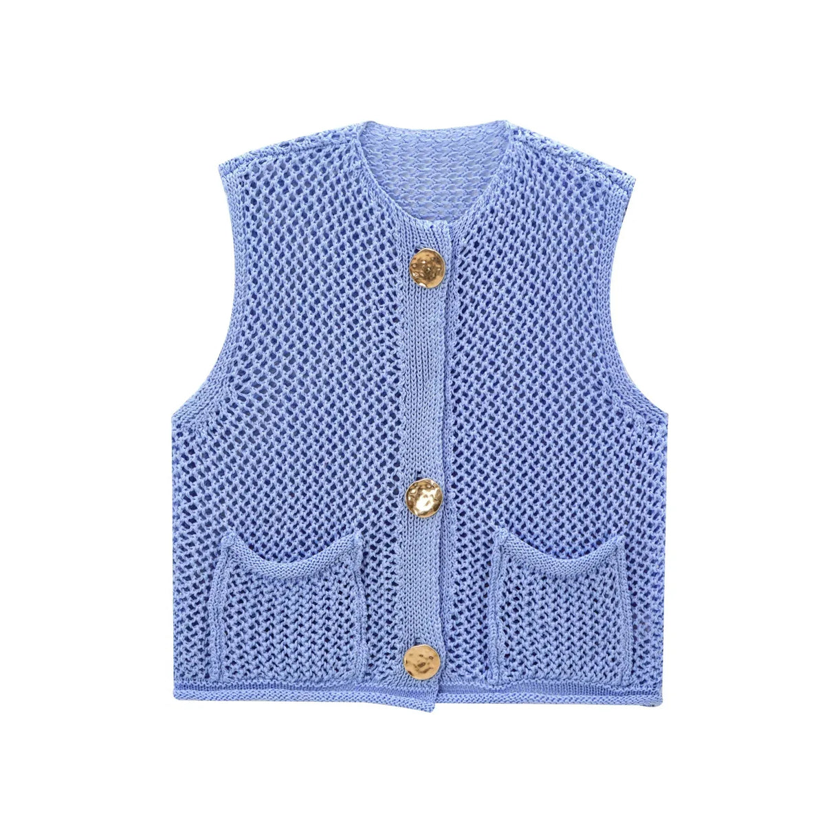 Women Fashion Sleeveless Coarse Needle Knitting Vest Sweater Female Chic Big Pockets Patch Buttons Cardigan Waistcoat Tops