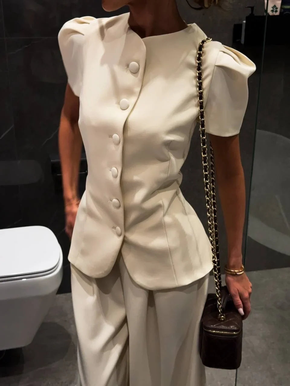 Women's Frog Button Puff Sleeve Shirt Trousers Set O-neck Leg-binding Lantern Pants Suits Lady 2026 Spring Summer Female Outfits