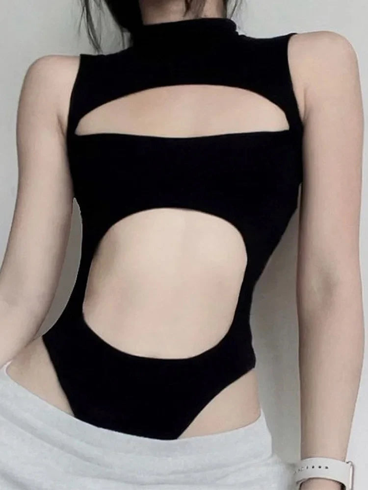 Women's Gothic Techwear Sexy Hollow Out Sleeveless Tank Tops, Bodysuit for Women, Streetwear Style, Backless Playsuit Vest