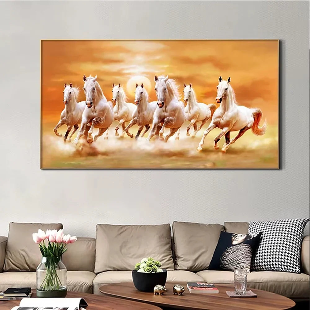 Modern Simple Wall Art 7 Running White Horses Sunset Scenery HD Canvas Printing Poster Home Living Room Bedroom Decoration