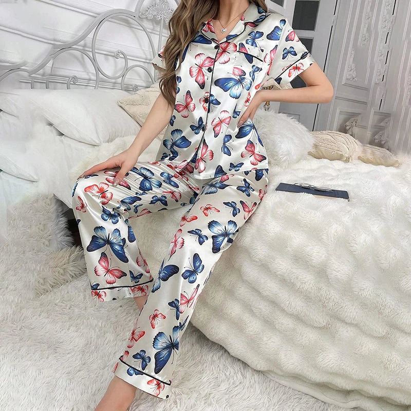 Women's Pajamas Sets Autumn Short Sleeve Buttons Top & Pants Sleepwear 2 Piece Button-Down Pj Set Homewear Satin Loungewear