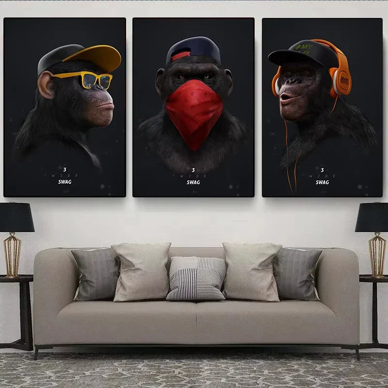 Three Swag Monkeys Canvas Art Posters and Prints Hip Hop Monkey Fashion Paintings on the Wall Art Animals Pictures Room Decor