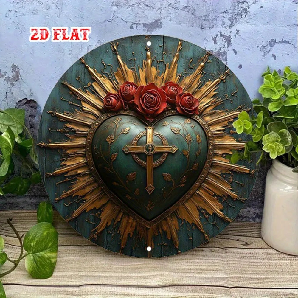 Religious Sacred Heart Round Aluminum Sign - 7.87" Rustic Roses Cross Decor, Home Cafe Wall Art
