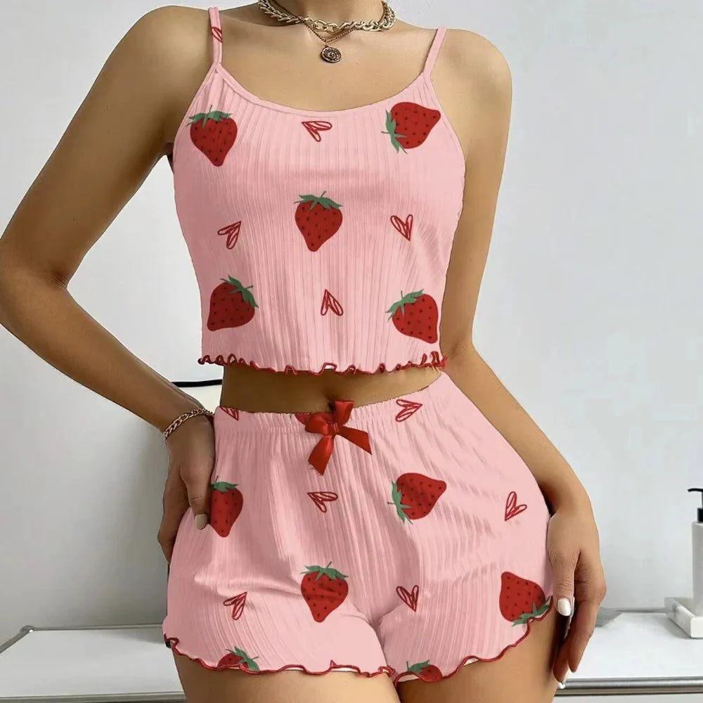 Women's Strawberry Print Ribbed Knit Ice Silk Camisole Pajama Set Comfortable Two-Piece Sleepwear for Summer