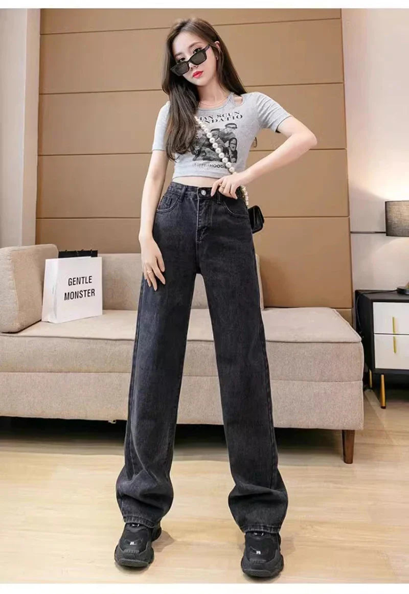 New Design Sense Women's Loose Denim Pants Retro Straight Leg Pants Fashionable Solid Color Loose Casual Wide Leg Pants