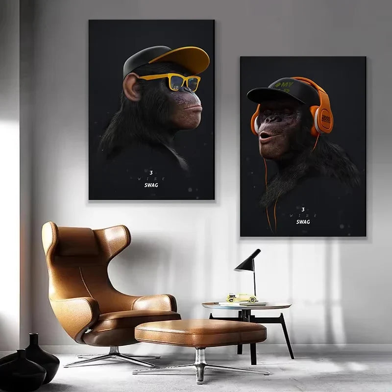 Three Swag Monkeys Canvas Art Posters and Prints Hip Hop Monkey Fashion Paintings on the Wall Art Animals Pictures Room Decor