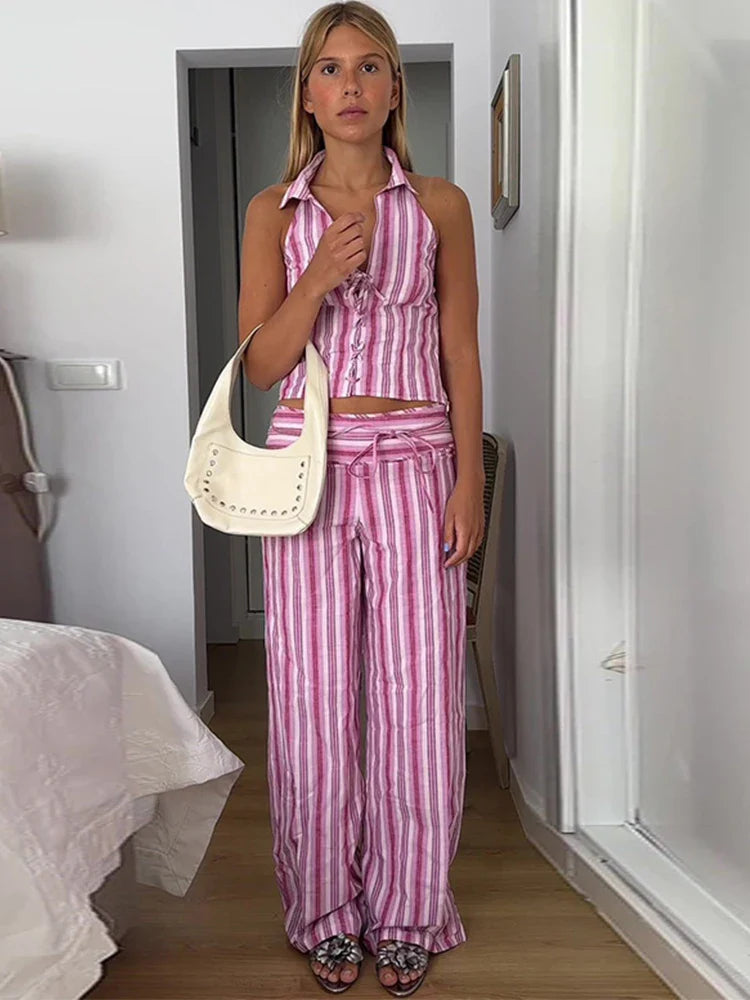 Striped Lace Up Vest Pants Set Women Sleeveless Backless Top High Waisted Trousers Sets Female 2024 New Lady Streetwear Outfit