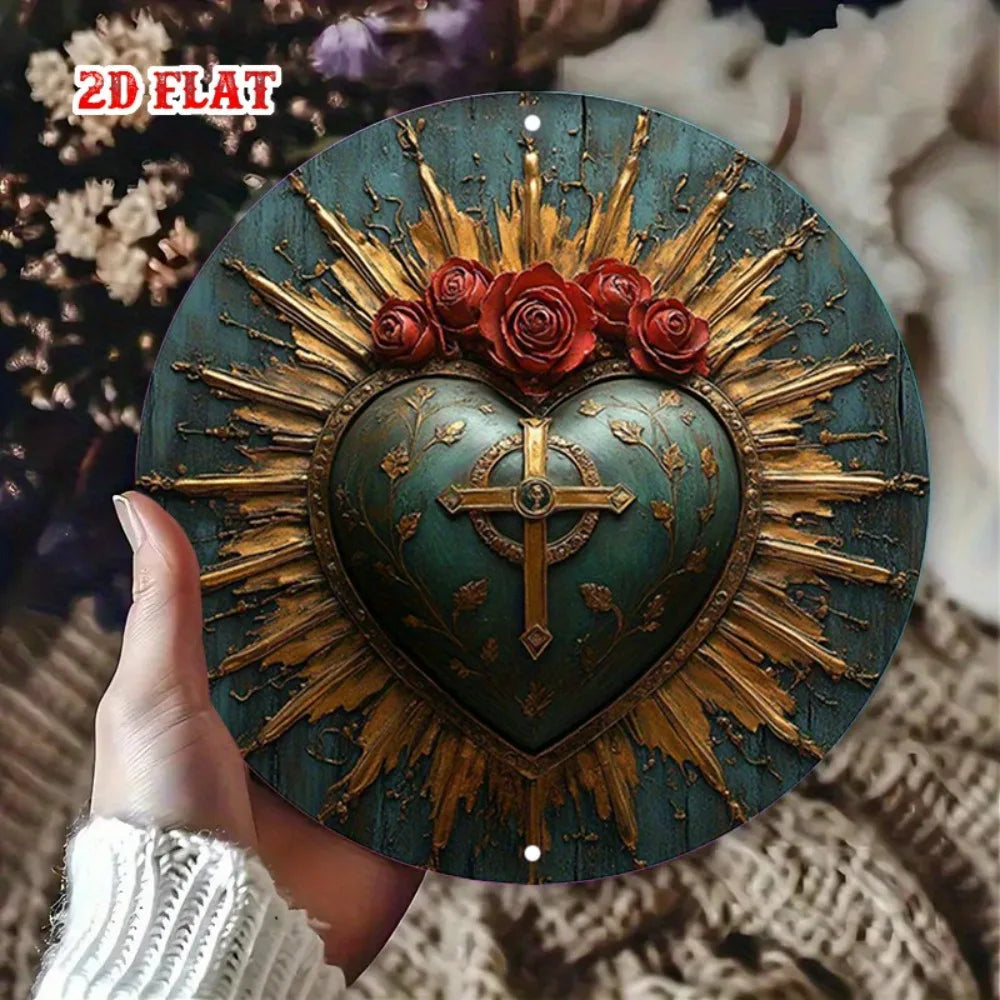 Religious Sacred Heart Round Aluminum Sign - 7.87" Rustic Roses Cross Decor, Home Cafe Wall Art