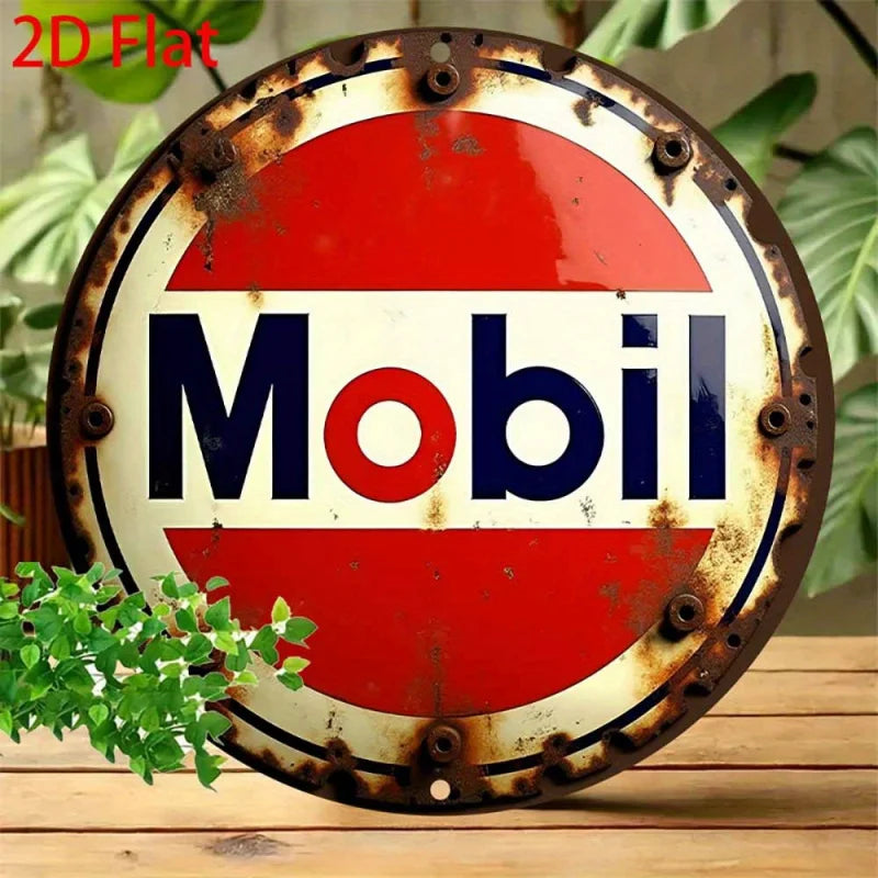 2D Flat 1pc Round - Retro Aluminum Tin Sign - Vintage "Mobil" Gasoline Plaque, 8x8 Inch, Rustic Wall Art for Home