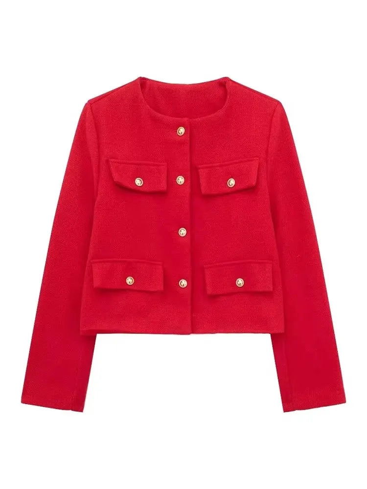 HH Women Vintage Solid Coat Button Long Sleeve O Neck Jacket With Pocket 2024 Spring Elegant Female Casual Outerwear Jakcet