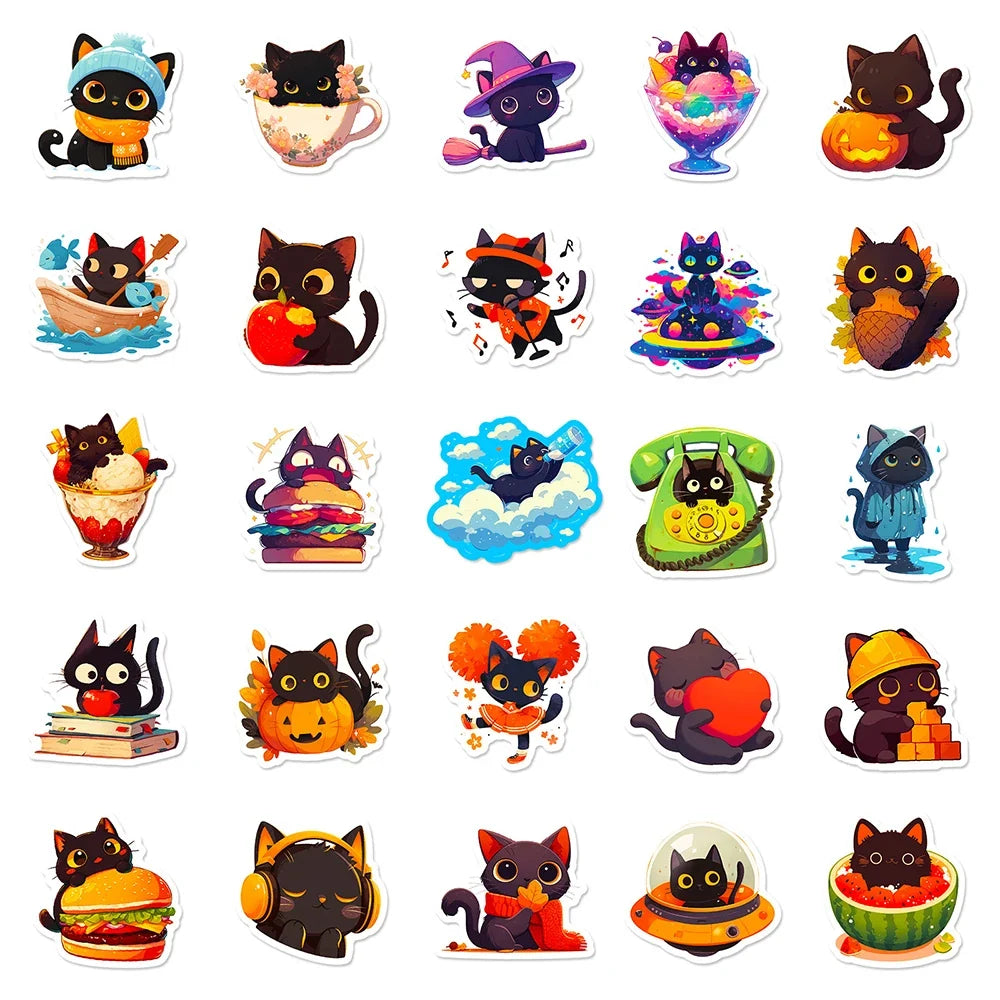 10/30/50pcs Cute Black Cat Graffiti Stickers Aesthetic Decals Fridge Notebook Laptop Phone Funny Stationery Sticker Kids Toys