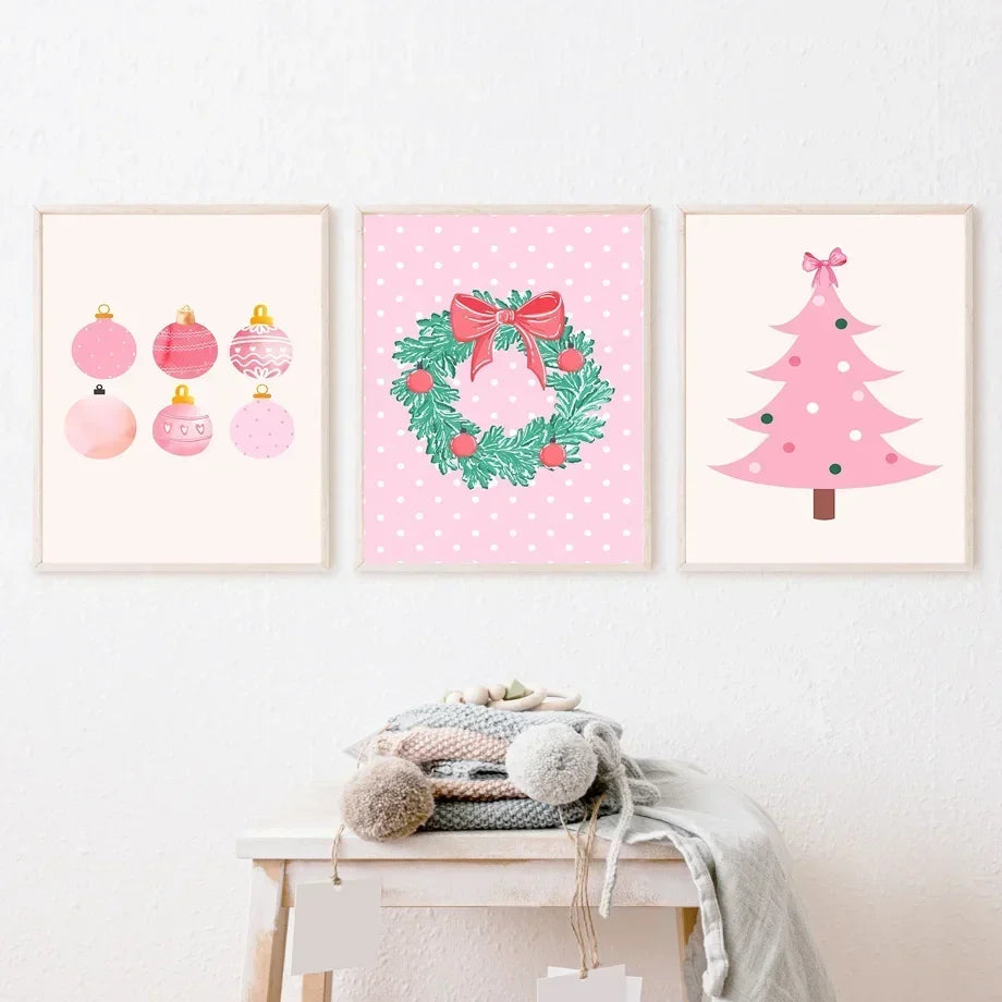 Modern Simple Wall Art Pink Christmas Tree Father Christmas HD Canvas Print Poster Home Living Room Bedroom Decoration