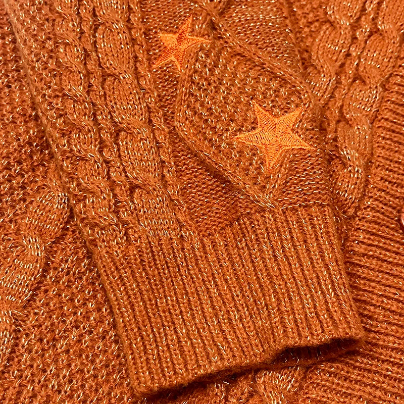Glittery TS Cardigan Women Orange Chunky Knit Sweater with Star Embroidery Gold Thread Showgirl Cardigan Tay Cardi TLOAS