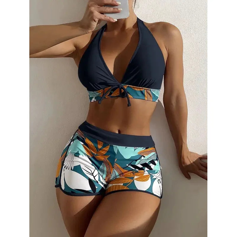 2023 Halter Bikini Set Short Swimsuit Women High Waist Swimwear Female Printed Bathers Swimming Bathing Swim Suit Beachwear