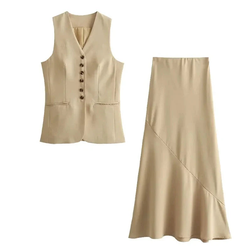 HH Women 2024 Fashion Summer Vest Skirt Sets Khaki V-Neck Sleeveless Pockets Waistcoats+High Waist Asymmetrical Skirt Suits
