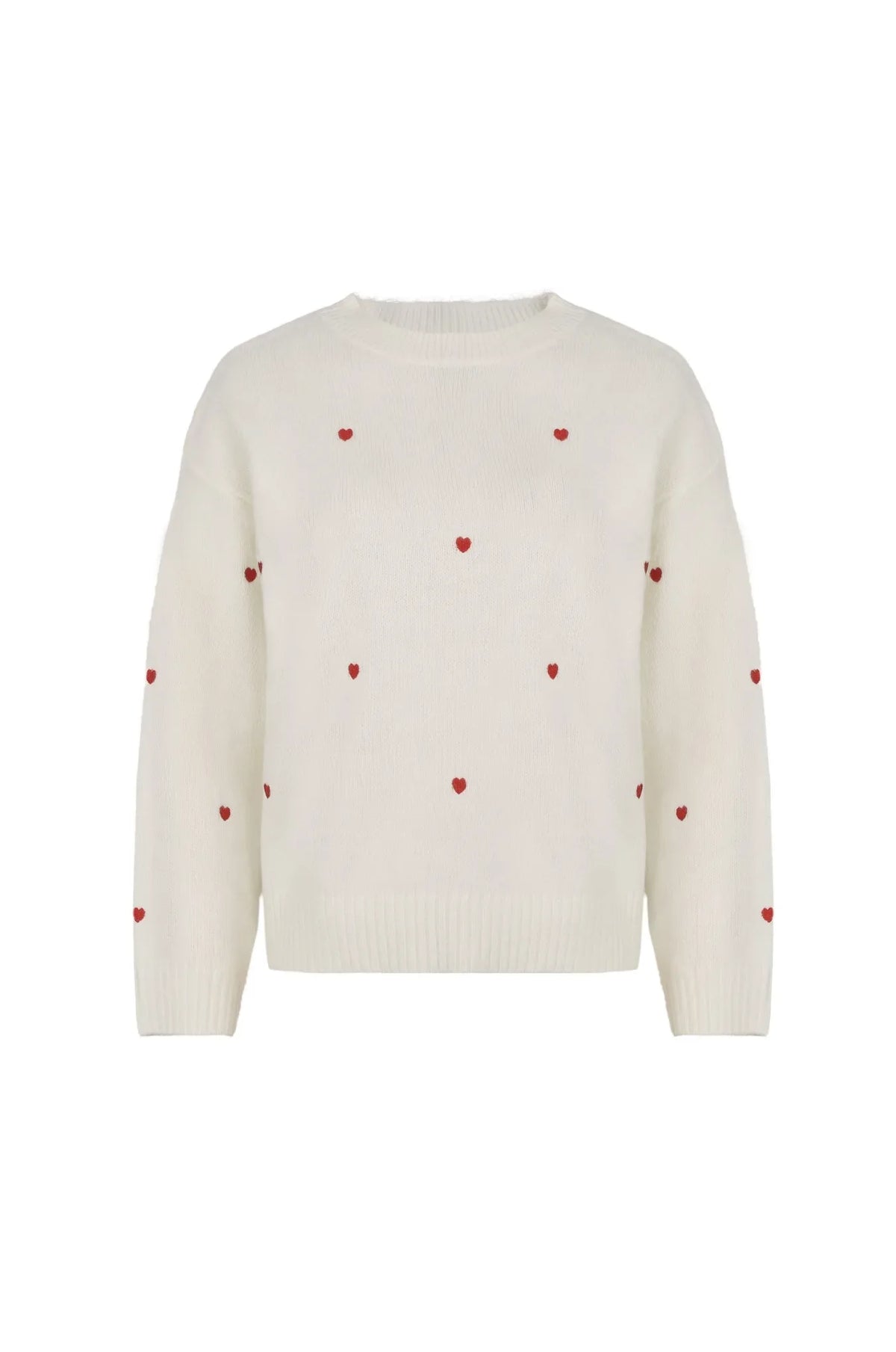 Women's Cream Red Heart Embroidered  Knit Sweater Crew Neck Long Sleeve Casual Pullover Fashion Comfortable Top