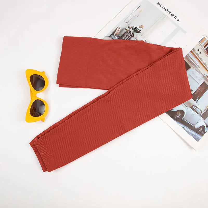Women Seamless Ribbed Leggings High Waist Butt Lifting Workout Tights Solid Color Simple Fitness Pants Casual Clothing