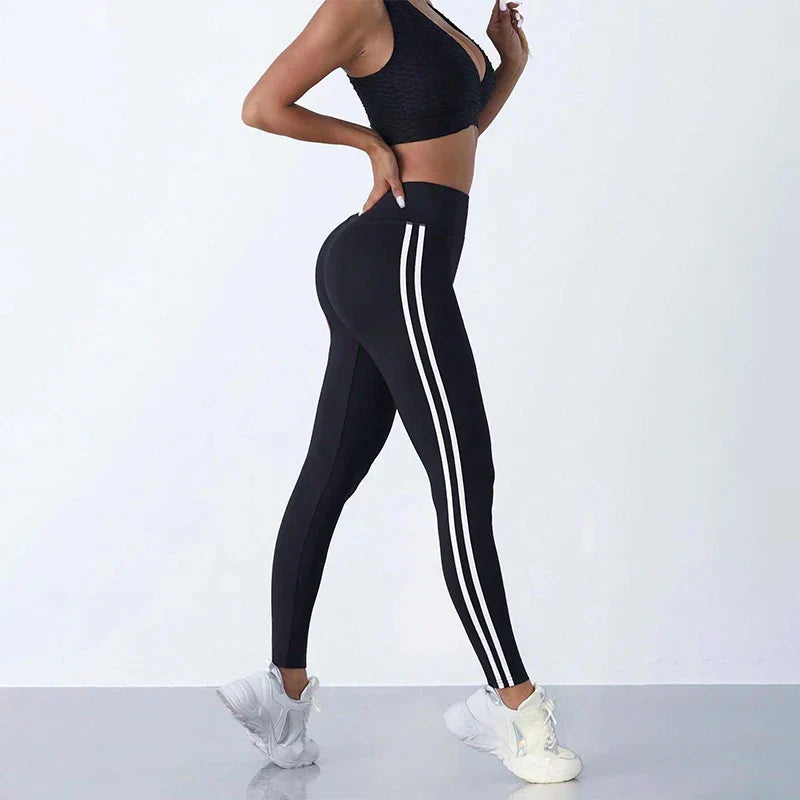 Womens High Waist Striped Yoga Leggings Butt Lifting Stretchy Breathable Tummy Control Soft Workout Pants for Gym Running