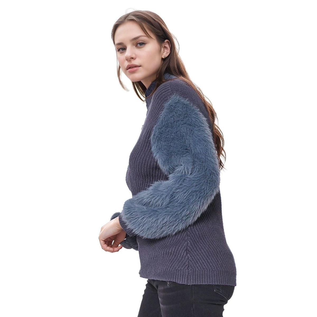Pleione Faux Fur Sleeve Boat Neck Sweater in Slate Blue