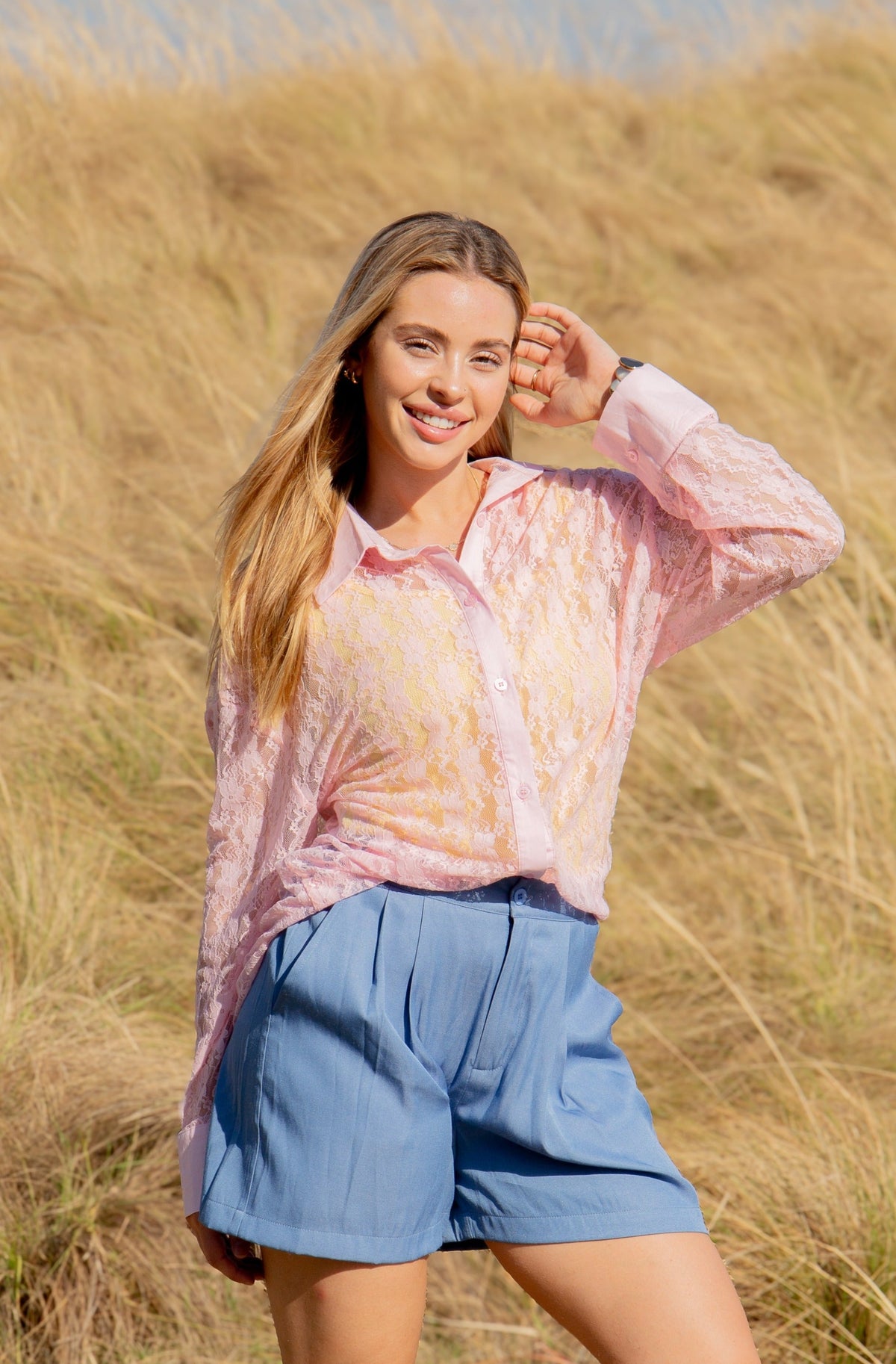 Kathryn Classic Button-Up, Light Pink Lace
