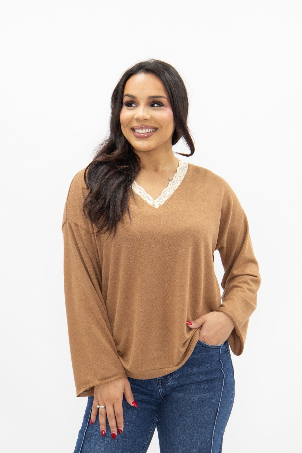 V-Neck Top with Lace Trim, Brown