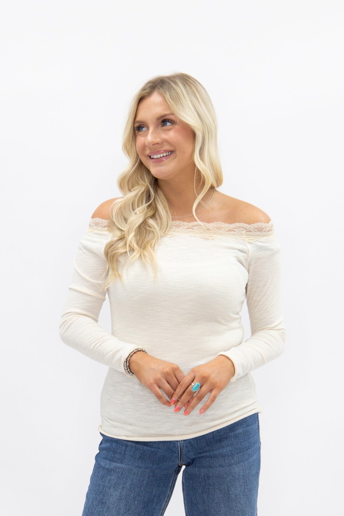 Longsleeve Off-the-Shoulder Top with Lace Trim, Ivory