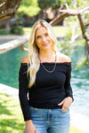 Longsleeve Off-the-Shoulder Top with Lace Trim, Black
