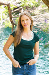 Square Neck Tee with Lace Trim, Forest Green