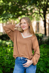 V-Neck Top with Lace Trim, Brown