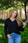 V-Neck Top with Lace Trim, Black