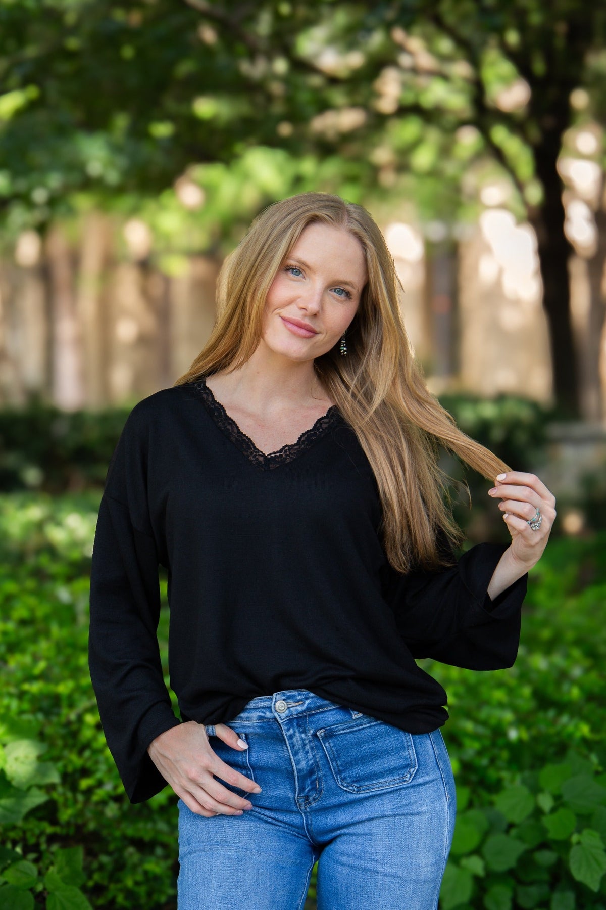 V-Neck Top with Lace Trim, Black